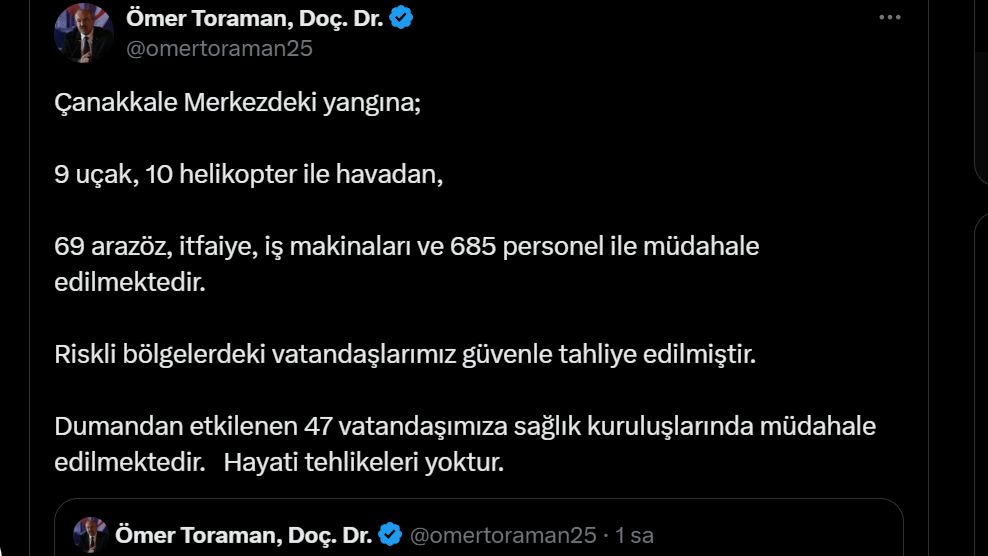 Çanakkale'de yangında 47 kişi dumandan etkilendi