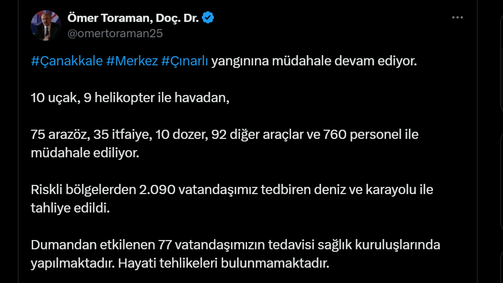 Çanakkale'de yangında 77 kişi dumandan etkilendi