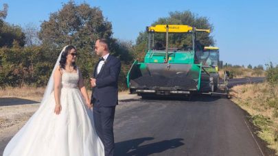 Düğün fotoğrafını damadın iş yerinde sıcak asfalt dökülürken çekildiler