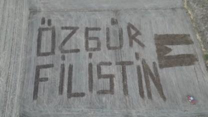 Çanakkaleli çiftçi tarlasına ‘Özgür Filistin’ yazdı