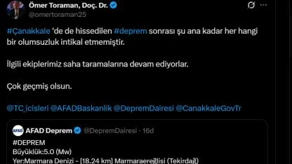 Deprem sonrası Çanakkale Valiliği'nden açıklama