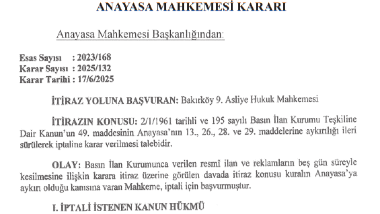 Nayasa Mahkemesinden Tarihi Hukuk Zaferi: Basın İlan Kurumunun &quot;Muğlak&quot; Yaptırım Aracı İptal Edildi