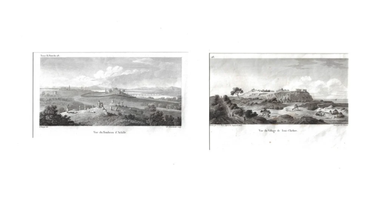 Gravürler: Village de Yeni-Cheher (Yeniköy) &amp; Vue du Tombeau d’Achille (Achilleus’un Mezarı)