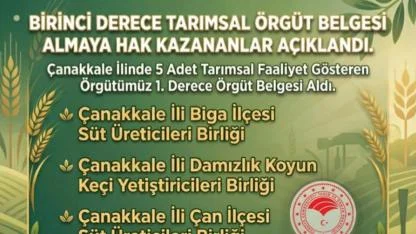 ÇİFTÇİYE BÜYÜK DESTEK KAPISI AÇILDI! Çanakkale'de 5 Örgüt 'Birinci Derece' Belgesi Aldı!