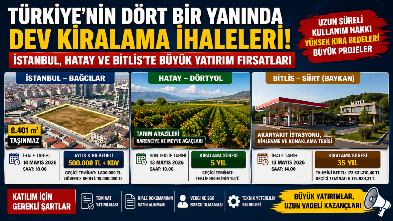 Dev taşınmazlar kiraya çıkıyor! İstanbul, Hatay ve Bitlis’te kritik ihaleler
